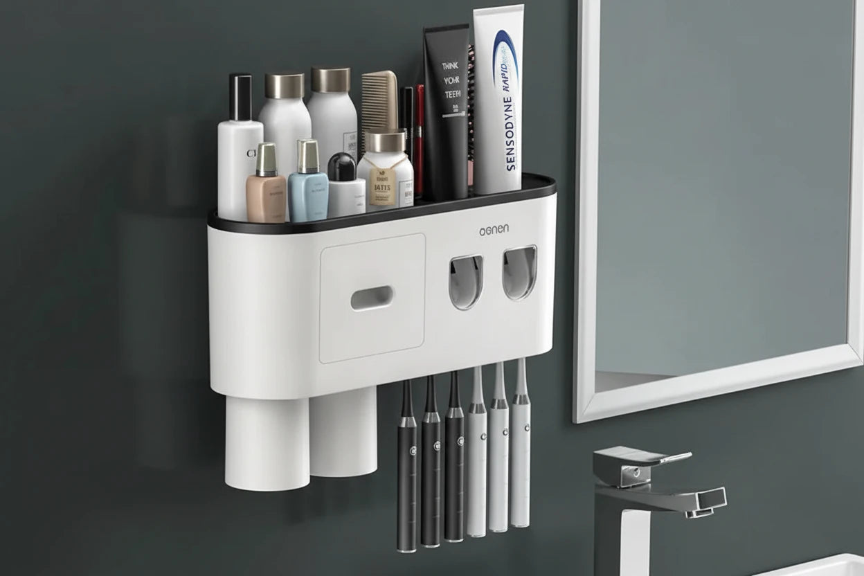 Toothbrush Storage Rack Magnetic Adsorption Inverted Toothbrush Rack Wall-Mounted Automatic Squeeze Toothpaste Storage Rack