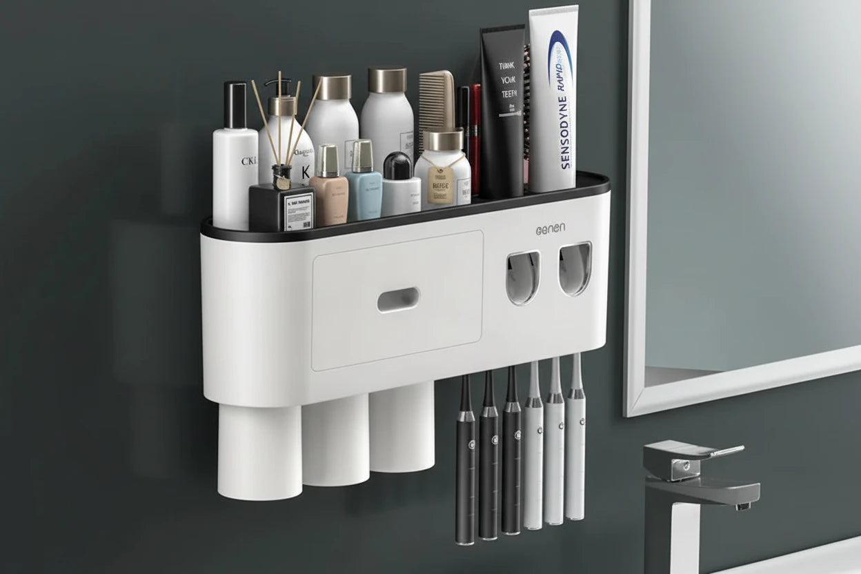 Toothbrush Storage Rack Magnetic Adsorption Inverted Toothbrush Rack Wall-Mounted Automatic Squeeze Toothpaste Storage Rack